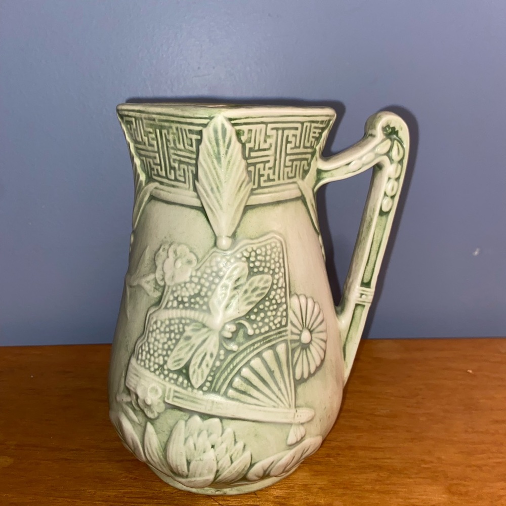 1970s Art Deco Style Ceramic Pitcher Dragon Fly Fan Signed